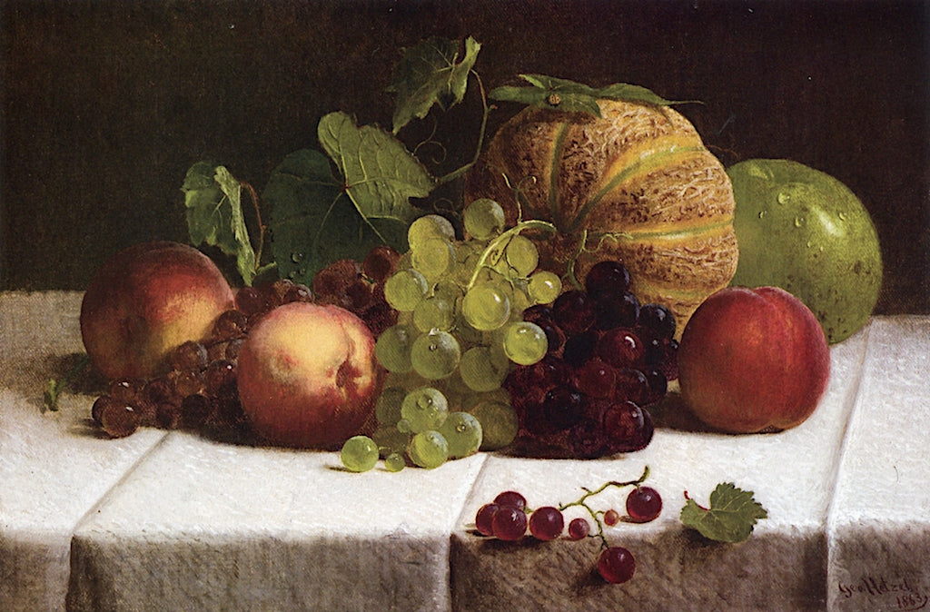 Melon, Grapes, and Peaches on a Tabletop, vintage artwork by George Hetzel, 12x8" (A4) Poster