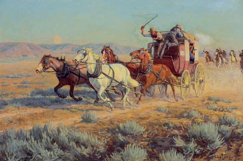 Stagecoach Pursued by Mounted Indians, vintage artwork by Richard Lorenz, 12x8" (A4) Poster