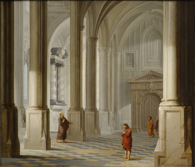 Church Interior with the Parable of the Pharisee and the Publican (Luke 18:9-14), vintage artwork by Dirck van Delen, 12x8" (A4) Poster