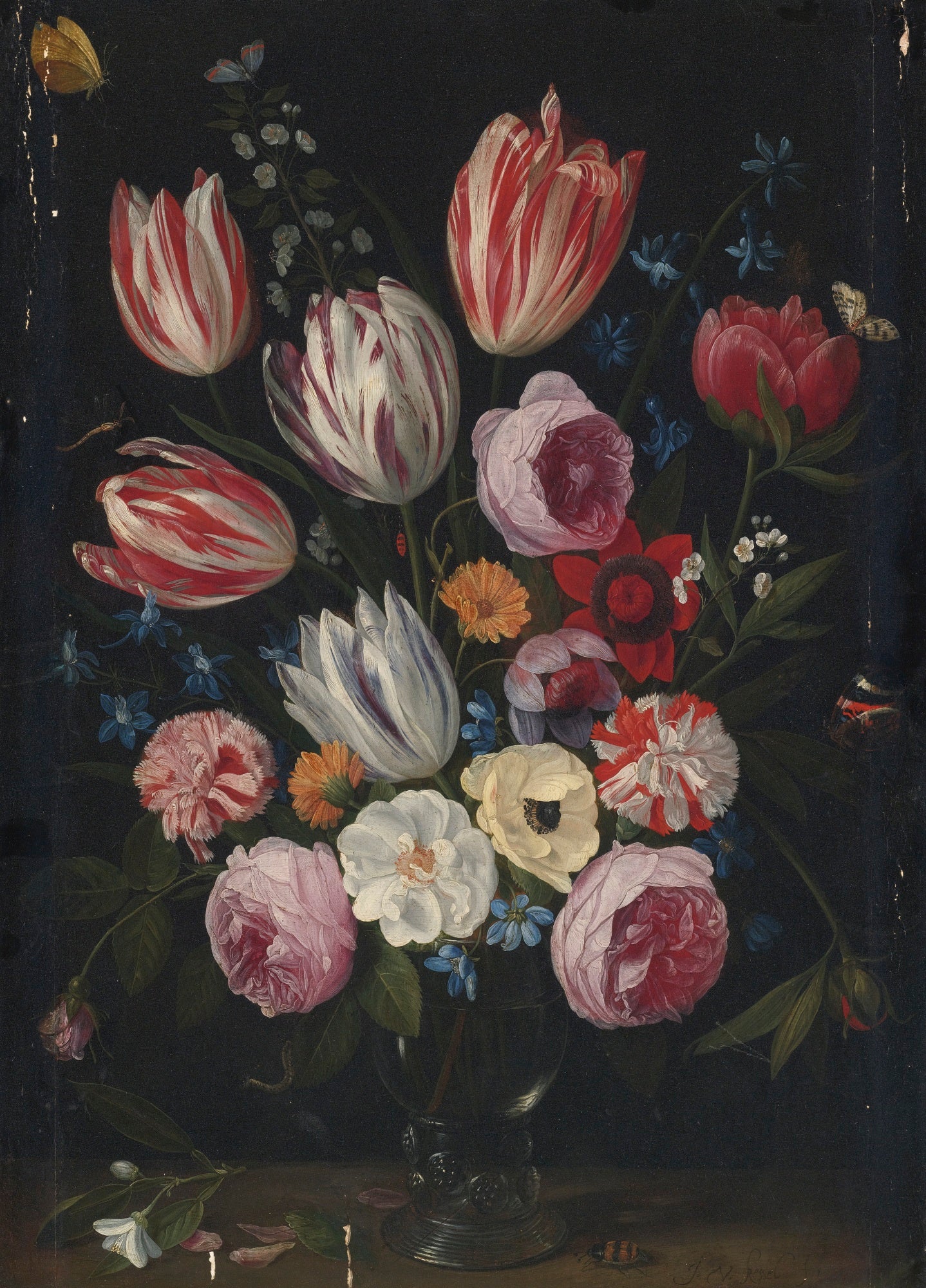 Tulips, roses, peonies and other flowers in a roemer, vintage artwork by Jan van Kessel the Elder, 12x8" (A4) Poster