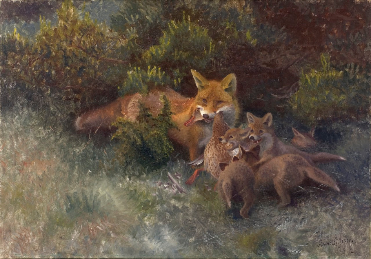 Fox with Cubs, vintage artwork by Bruno Liljefors, 12x8" (A4) Poster