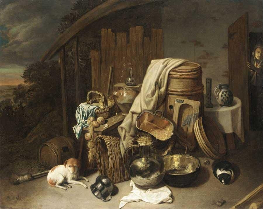 Still life with kitchen utensils, vegetables and a dog and a cat, vintage artwork by David Ryckaert III, 12x8" (A4) Poster