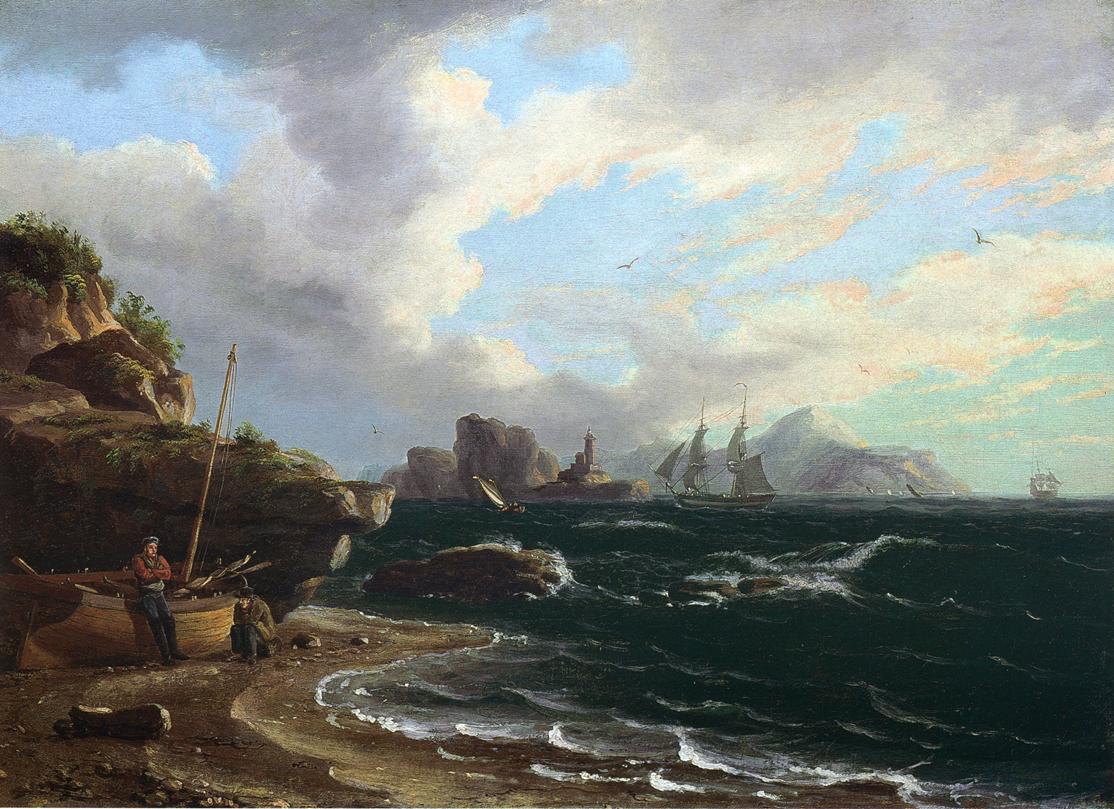 Figures with Docked Boat at Shoreline, vintage artwork by Thomas Birch, 12x8" (A4) Poster