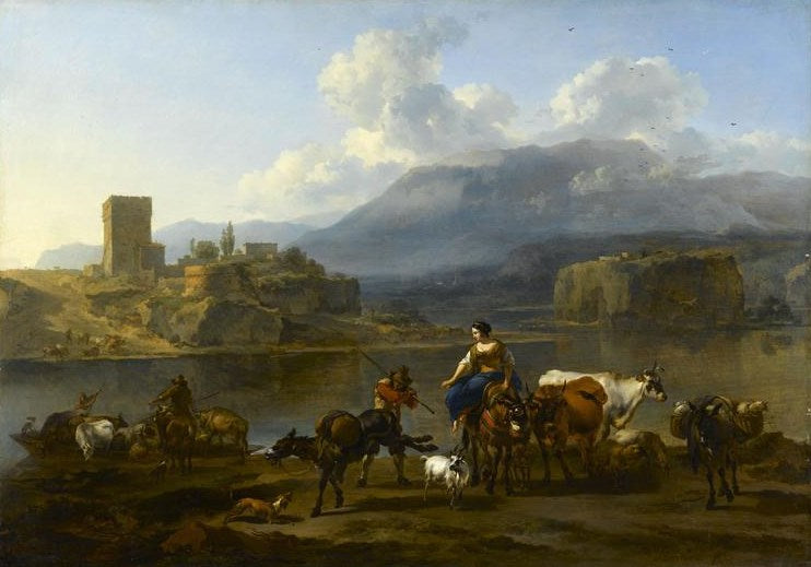 Le passage du bac (The Ferry Crossing), vintage artwork by Nicolaes Berchem, 12x8" (A4) Poster