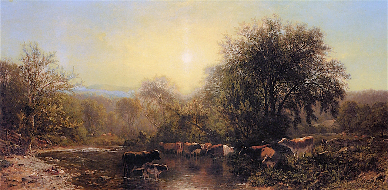 Cows Watering, vintage artwork by James McDougal Hart, 12x8" (A4) Poster