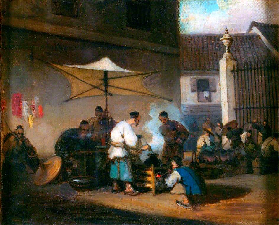Chinese Street Scene at Macao, vintage artwork by George Chinnery, 12x8" (A4) Poster