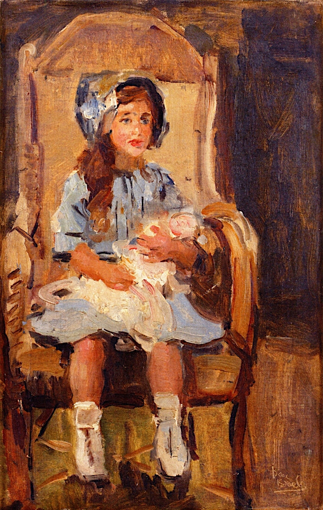 Girl in Blue with a Doll, vintage artwork by Isaac Israels, 12x8" (A4) Poster