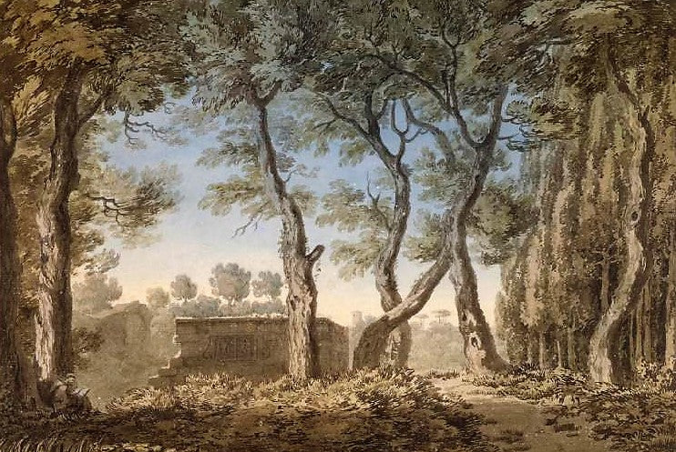 In the Farnese Gardens, Mount Palatine, Rome, vintage artwork by John Robert Cozens, 12x8" (A4) Poster