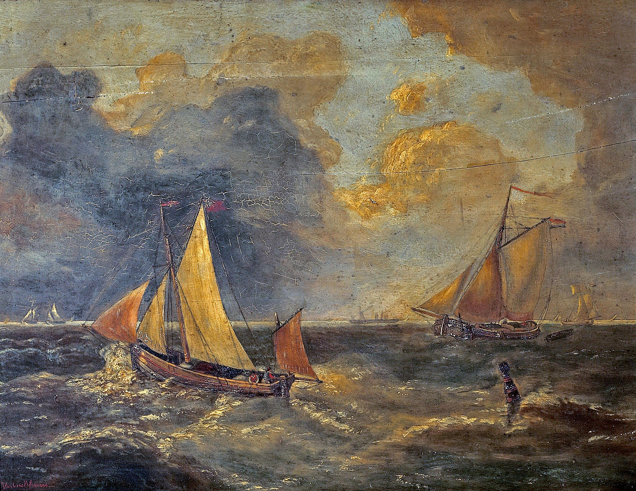 Fishing boats in choppy seas, vintage artwork by Charles Louis Verboeckhoven, A3 (16x12") Poster Print