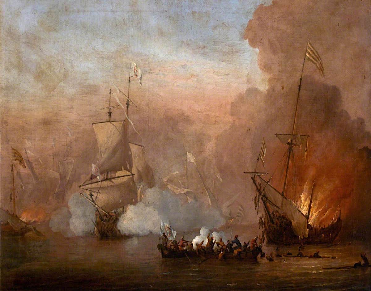 A Naval Engagement between an English Ship and Barbary Ships (after Willem van de Velde II), vintage artwork by Peter Monamy, 12x8" (A4) Poster