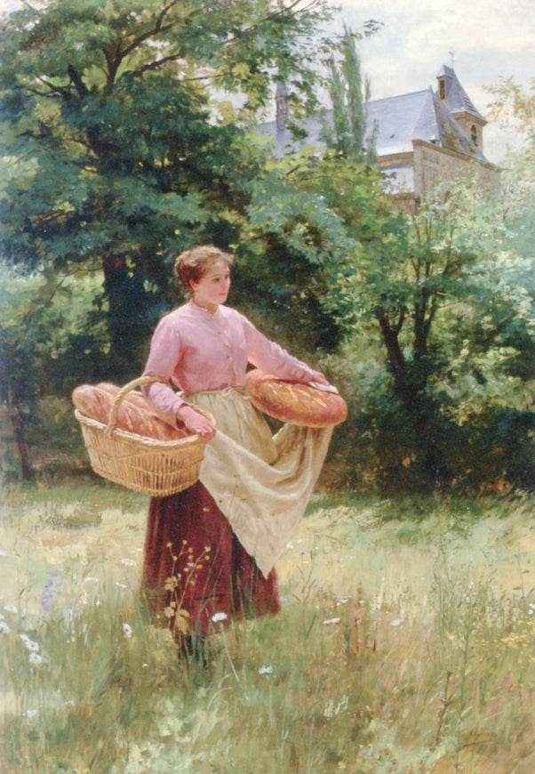 Girl with Loaves of Bread, vintage artwork by Louis-Emile Adan, 12x8" (A4) Poster