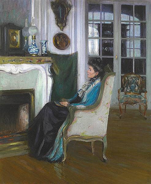 Woman Seated by a Fireplace, vintage artwork by Susan Watkins, 12x8" (A4) Poster