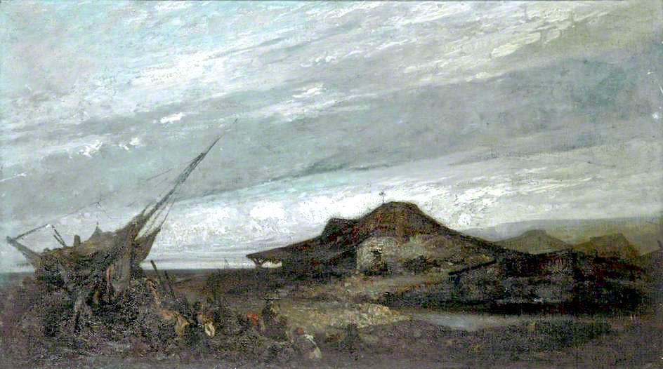 House on the Shore with Figures by a Grounded Boat, vintage artwork by Auguste Joseph Delessard, 12x8" (A4) Poster