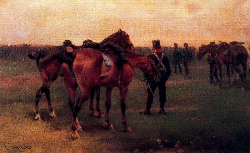 Artillery Captain Holding Horses, vintage artwork by Josep Cusachs, 12x8" (A4) Poster