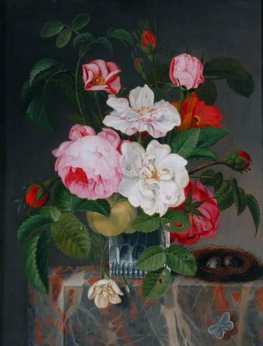 Roses with a Bird's Nest, vintage artwork by Michel Joseph Speeckaert, 12x8" (A4) Poster