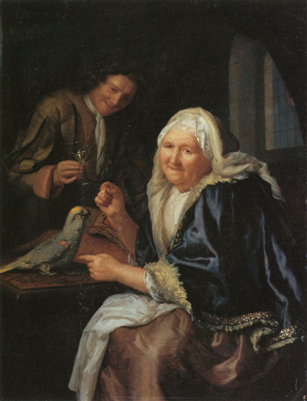 Old Woman with Cavalier and Parrot, vintage artwork by Godfried Schalcken, 12x8" (A4) Poster