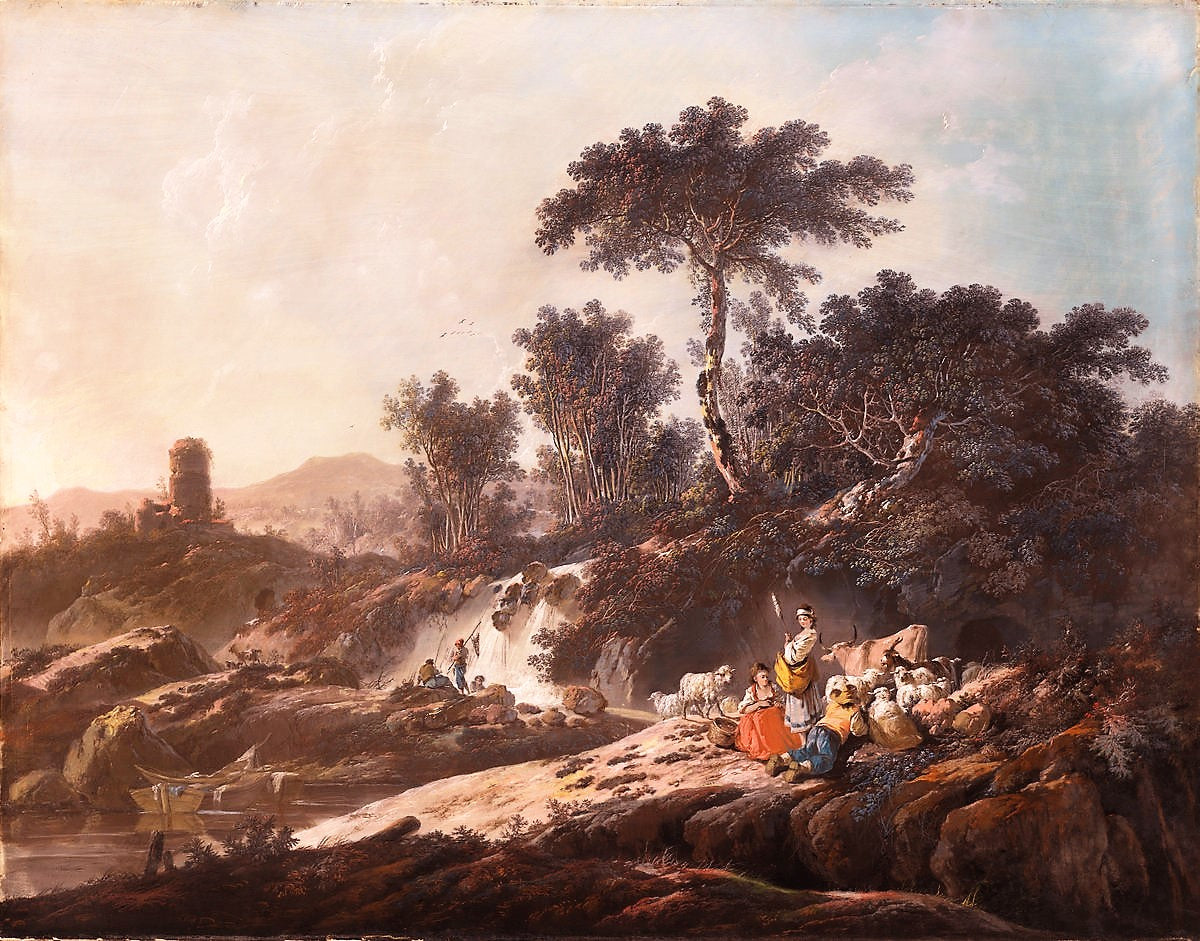 Shepherds Resting by a Stream, vintage artwork by Jean Pillement, 12x8" (A4) Poster