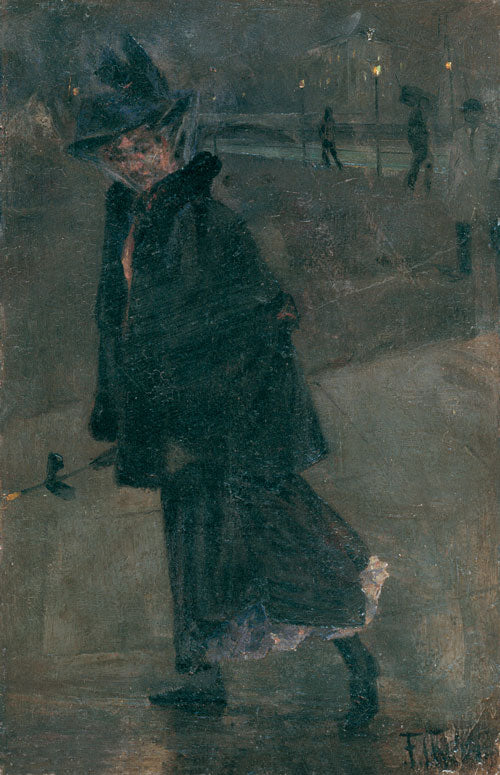 Woman walking with umbrella in nocturnal Berlin, vintage artwork by Franz Skarbina, 12x8" (A4) Poster