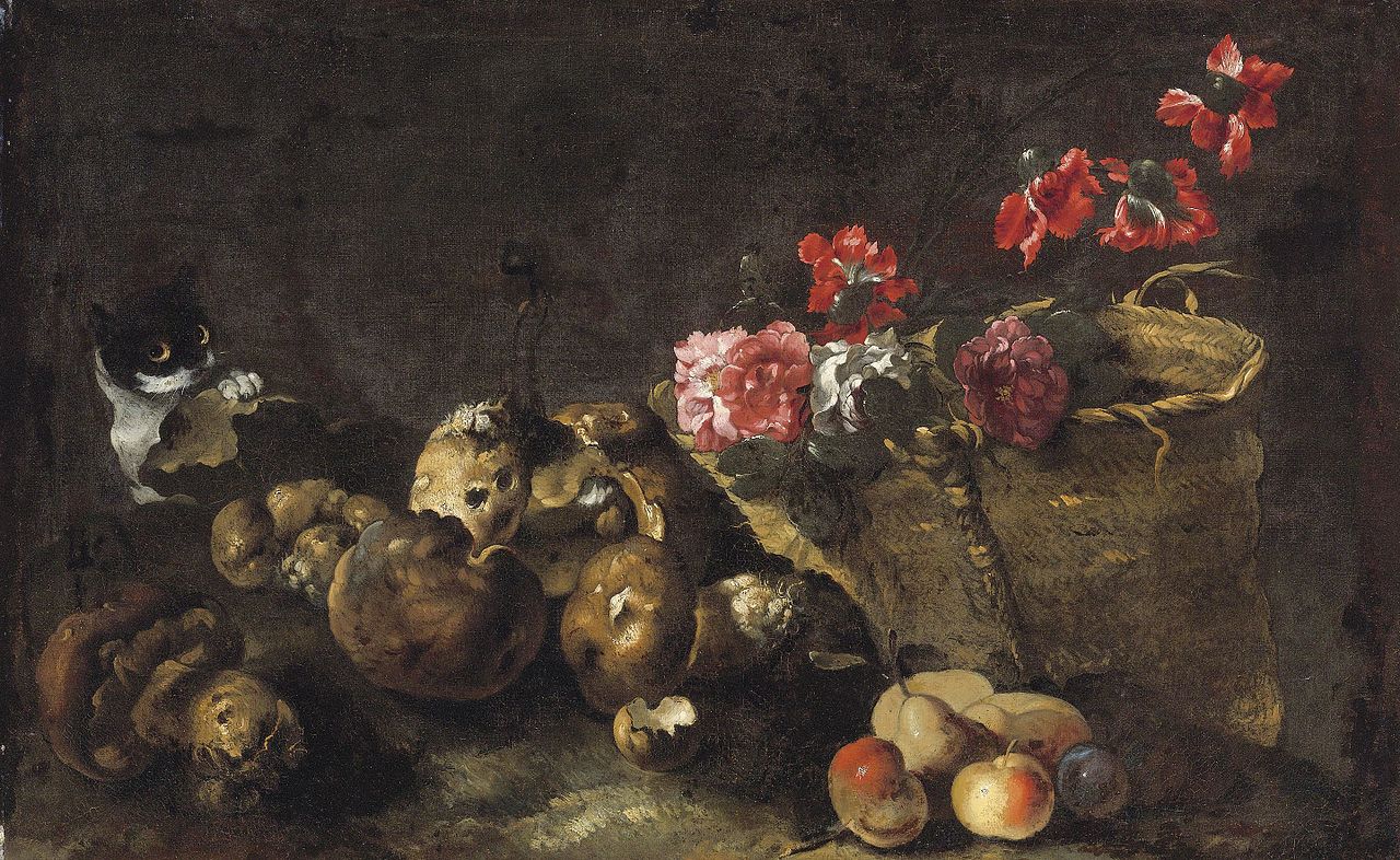 Still Life with Mushrooms, Fruit, a Basket of Flowers and a Cat, vintage artwork by Simon del Tintore, 12x8" (A4) Poster