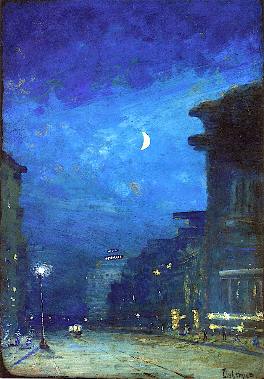 City Street in the Moonlight, vintage artwork by Louis M. Eilshemius, 12x8" (A4) Poster