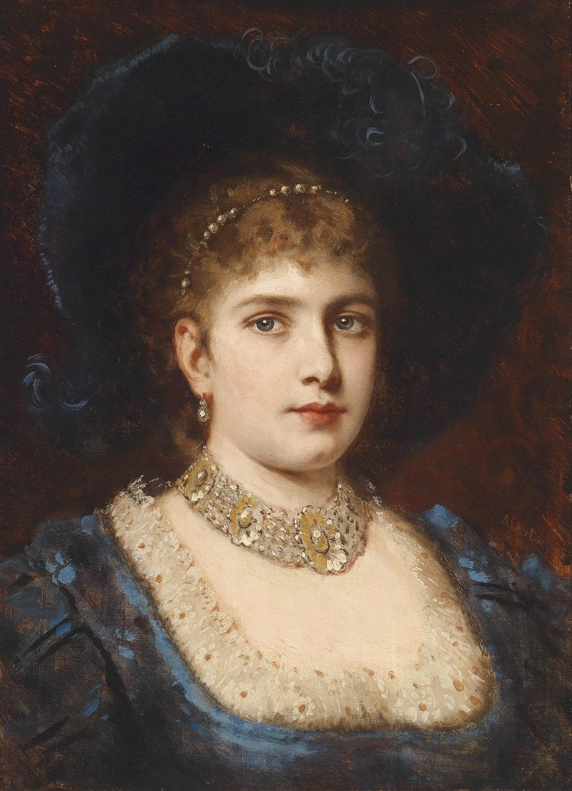 Portrait of a Lady In a Blue Dress with Hat, vintage artwork by Anton Ebert, 12x8" (A4) Poster