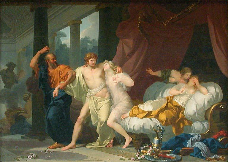 Socrates Tears Alcibiades from the Embrace of Sensual Pleasure, vintage artwork by Jean-Baptiste Regnault, 12x8" (A4) Poster