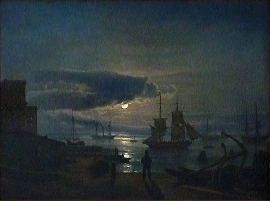 Copenhagen harbor in moonlight, vintage artwork by Johan Christian Claussen Dahl, 12x8" (A4) Poster