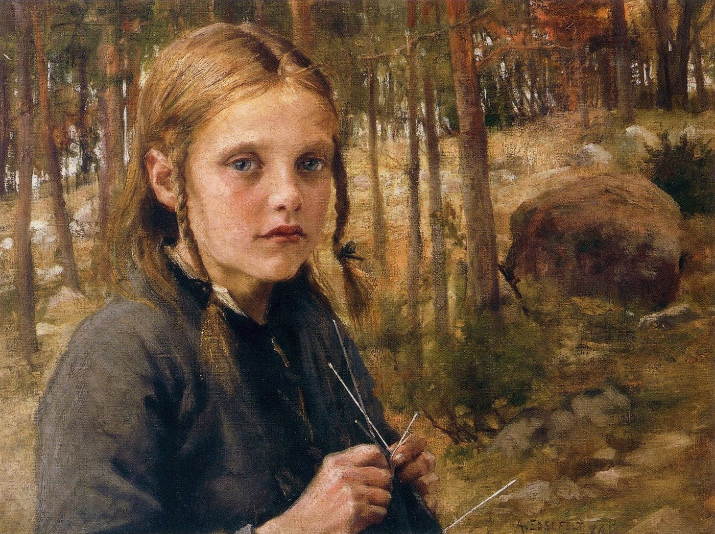 A Girl Knitting Socks by Albert Edelfelt,A3(16x12")Poster