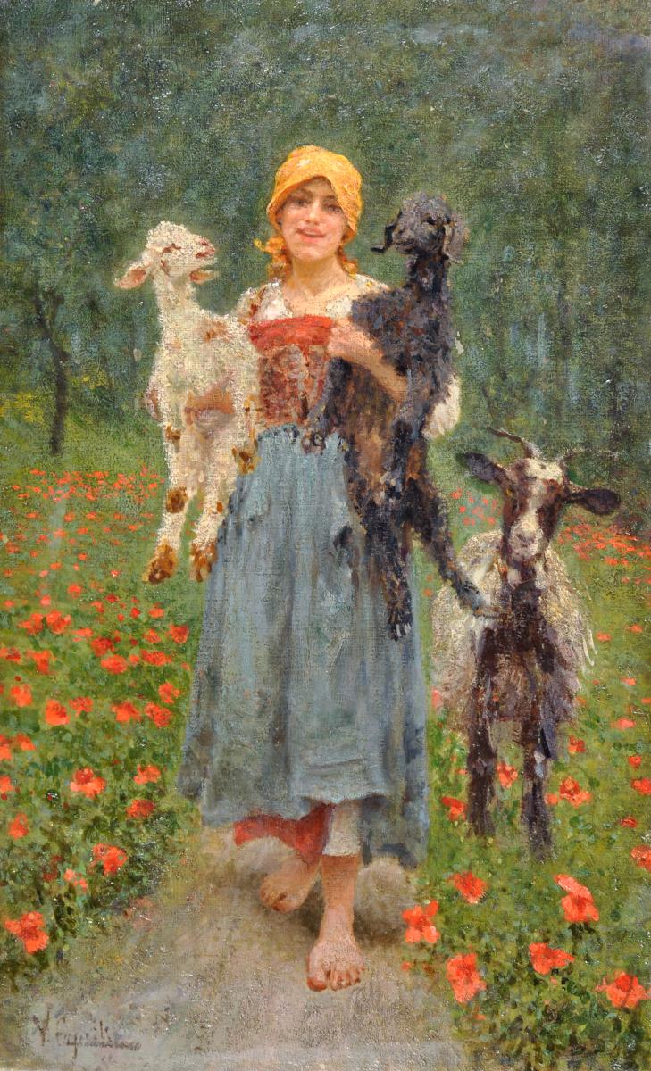 Girl with Goats by Vincenzo Caprile,A3(16x12")Poster