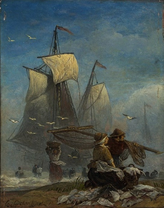 Fisher Couple on the Beach, vintage artwork by Andreas Achenbach, A3 (16x12") Poster Print