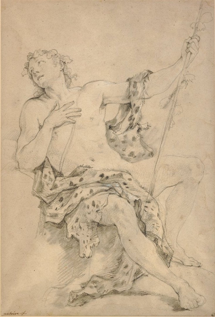 Bacchus Seated, Draped in a Leopard Skin, vintage artwork by Charles-Joseph Natoire, 12x8" (A4) Poster