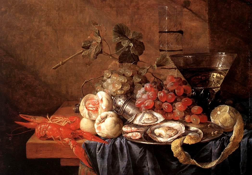 Fruits and Pieces of Seafood, vintage artwork by Jan Davidsz. de Heem, 12x8" (A4) Poster