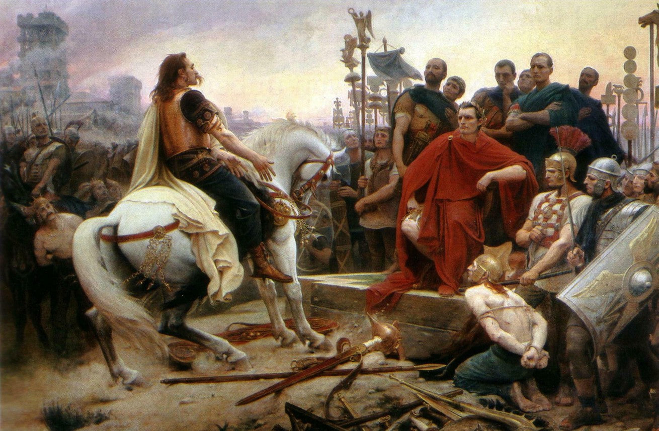 Vercingetorix throws down his arms at the feet of Julius Caesar, vintage artwork by Lionel-Noël Royer, 12x8" (A4) Poster