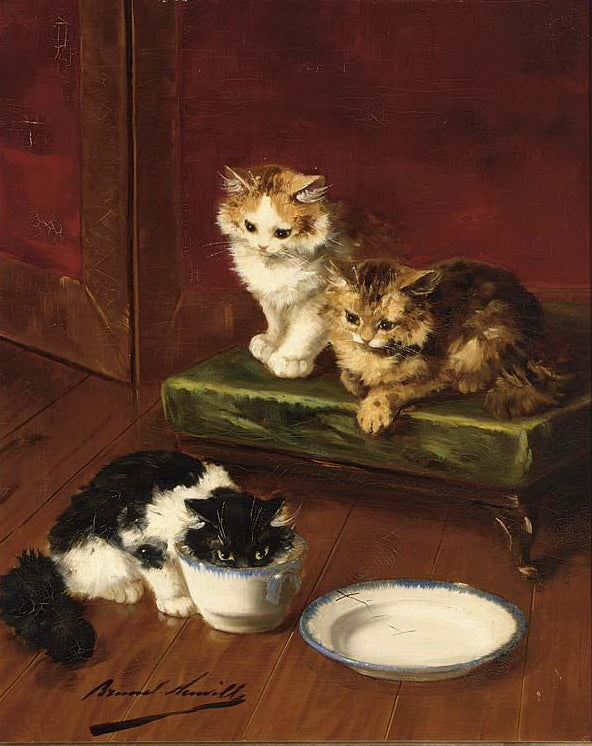 kittens drinking milk, vintage artwork by Alfred Brunel de Neuville, 12x8" (A4) Poster