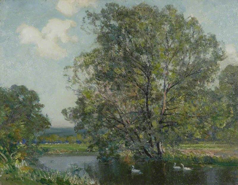 Landscape with River and Swans, vintage artwork by Alfred East, 12x8" (A4) Poster