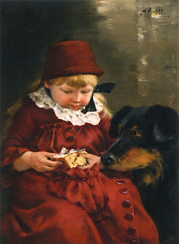 Little Girl Sharing Cake with Her Dog, vintage artwork by John Henry Witt, 12x8" (A4) Poster