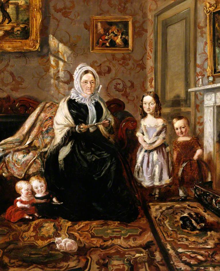 Henry Clark's Mother-in-Law, Mrs Davies and Four of Her Children in the Drawing Room of Her Home, vintage artwork by William Holman Hunt, 12x8" (A4) Poster