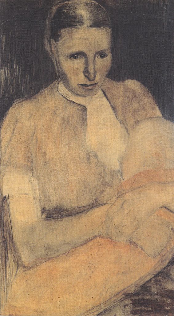 Peasant Woman with Child ~ From an oil painting reproduction website, vintage artwork by After Paula Modersohn-Becker, 12x8" (A4) Poster