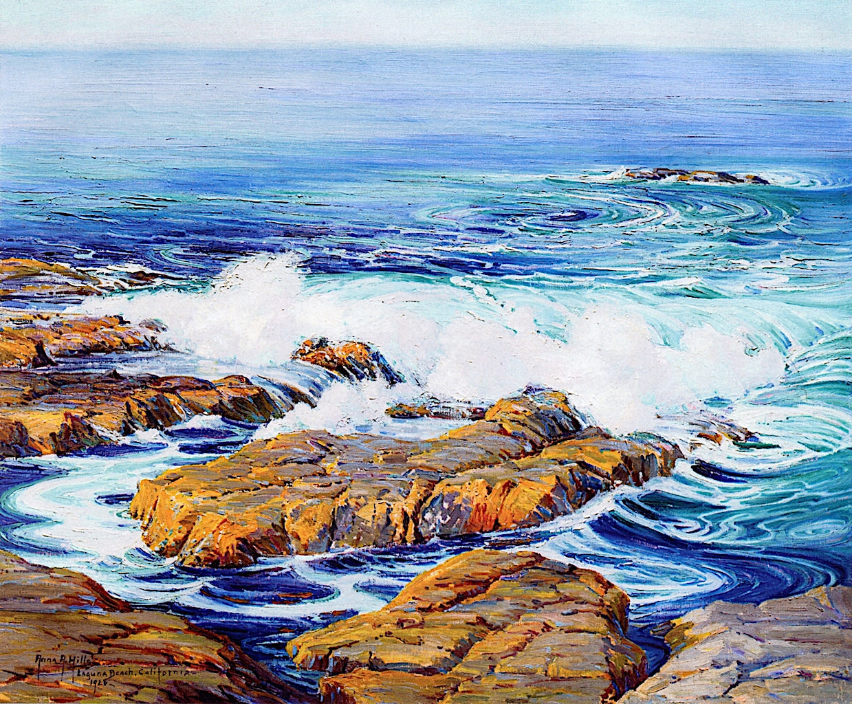 The Blue Pacific, Laguna Beach, vintage artwork by Anna Althea Hills, 12x8" (A4) Poster