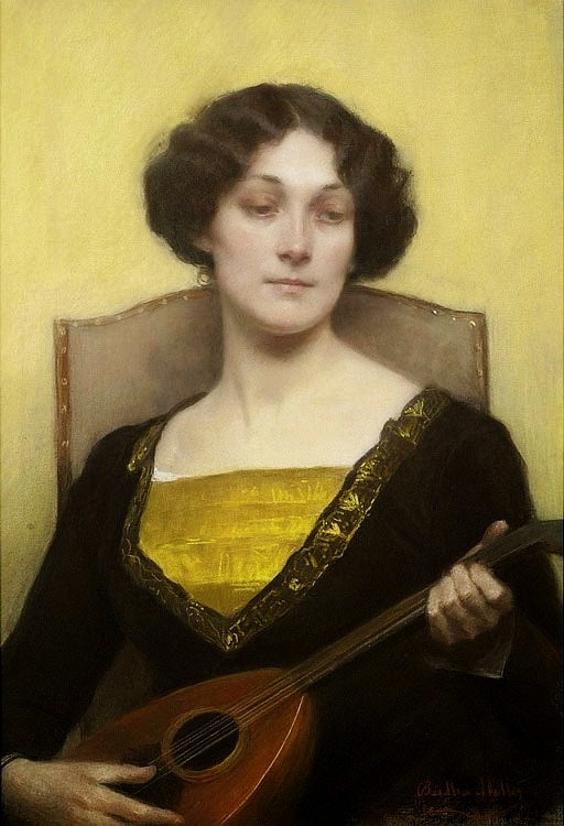 Emilia Floege Playing the Mandolin, vintage artwork by Bertha Müller, 12x8" (A4) Poster