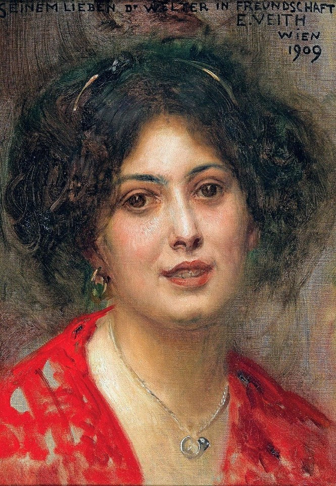 Portrait of a Young Woman in a Red Dress, vintage artwork by Eduard Veith, 12x8" (A4) Poster