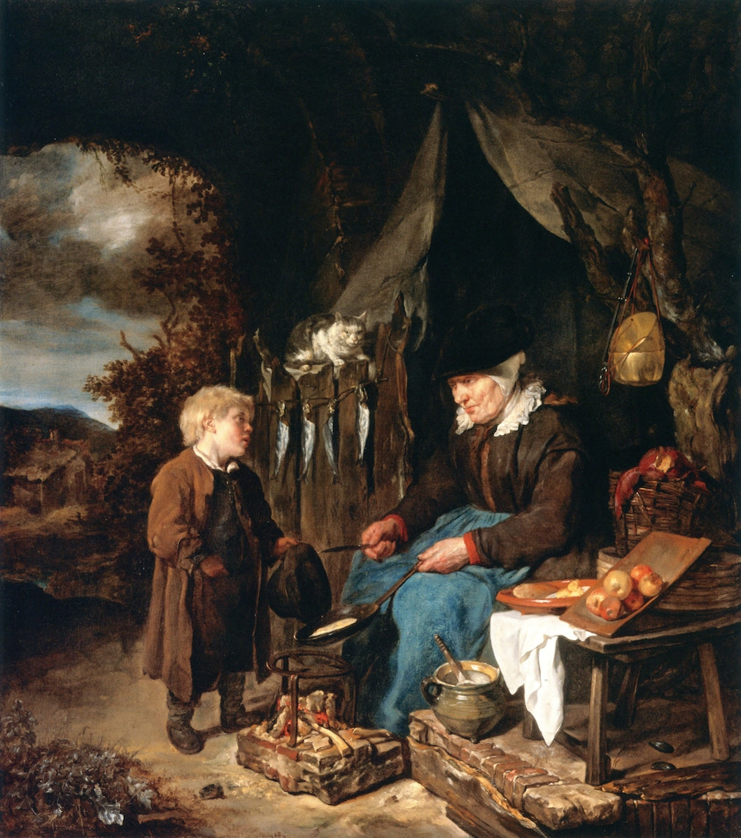 An Old Woman Baking Pancakes, with a Boy, vintage artwork by Gabriël Metsu, 12x8" (A4) Poster