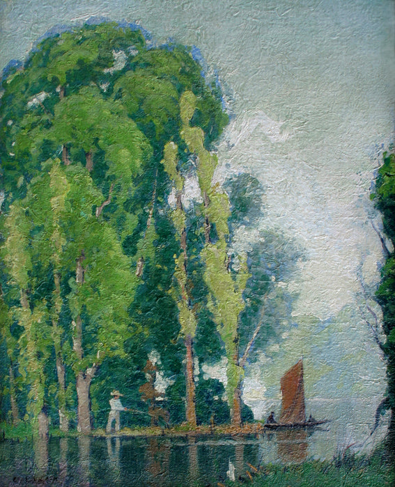 Fishing Scene with Sailboat by Charles Augustus Lasar,A3(16x12")Poster