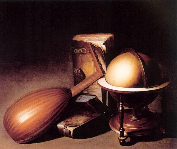 Still Life with Globe, Lute, and Books, vintage artwork by Gerrit Dou, 12x8" (A4) Poster