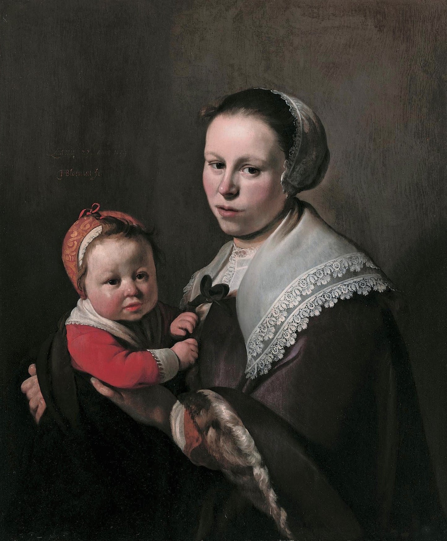 Maria Hulstman, Wife of Gijsbert Gillisz. de Hondecoutre, Holding a Child, vintage artwork by Hendrick Bloemaert, 12x8" (A4) Poster