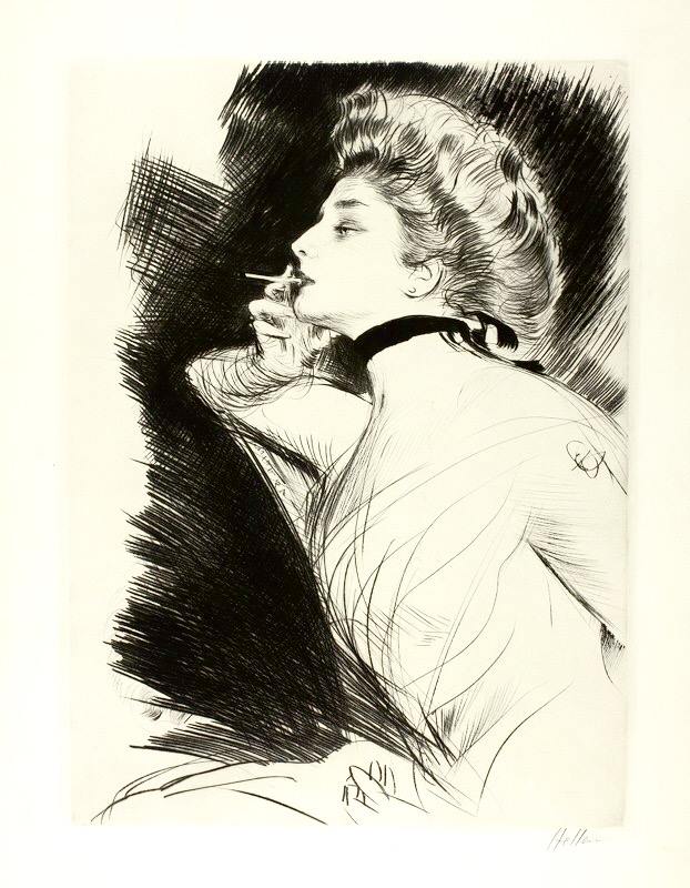 Portait of a Seated Woman, Smoking a Cigarette, vintage artwork by Paul Cesar Helleu, 12x8" (A4) Poster