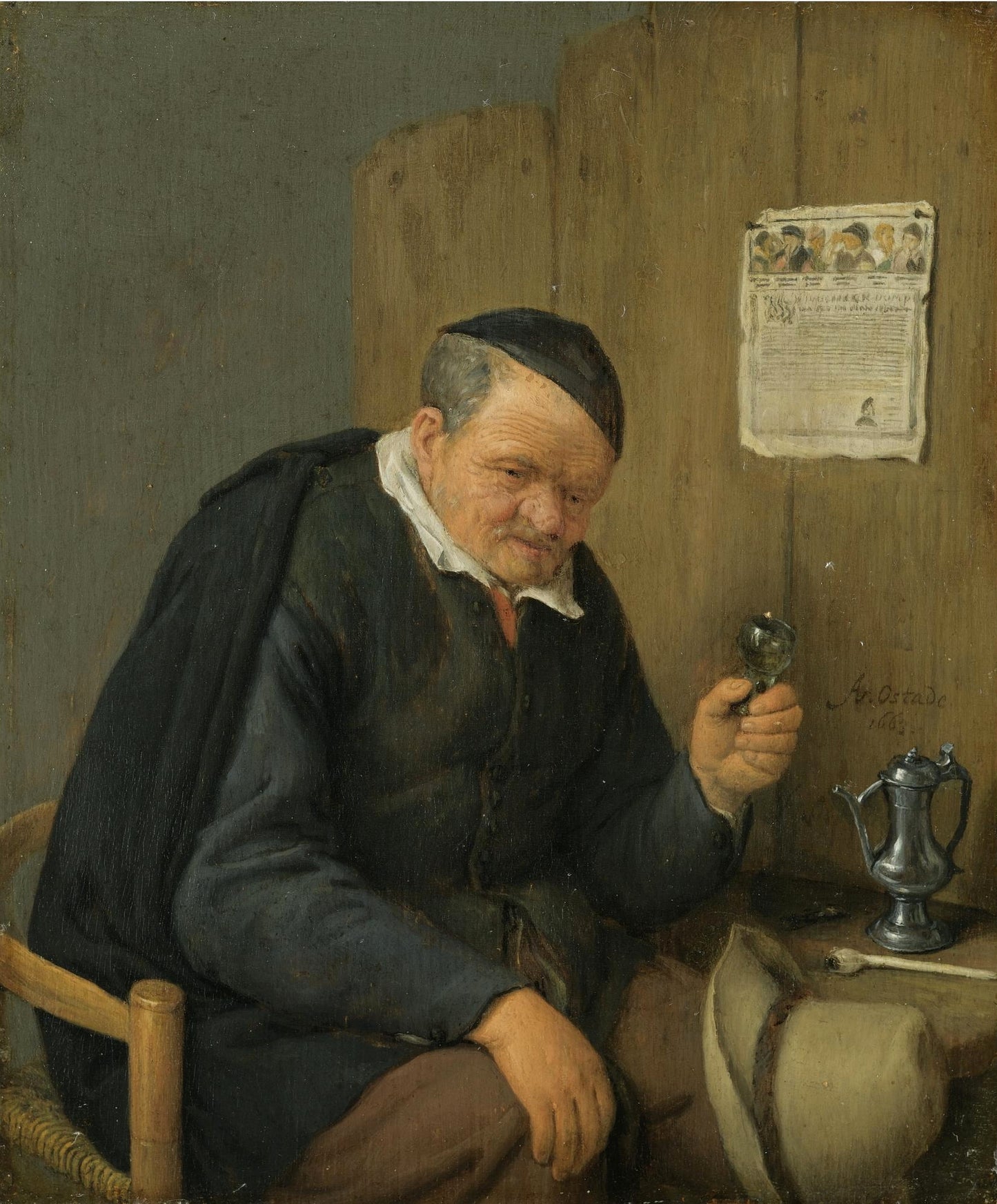 An Elderly Man Seated Holding a Wineglass, vintage artwork by Adriaen van Ostade, 12x8" (A4) Poster