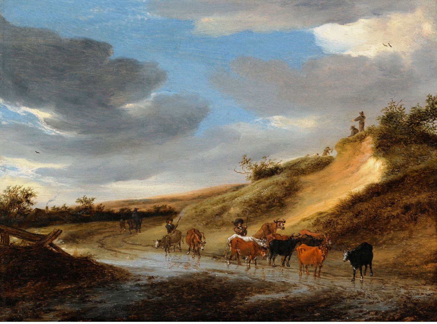 An extensive landscape with cattle and their herdsmen following a partly flooded road, vintage artwork by Salomon van Ruysdael, 12x8" (A4) Poster