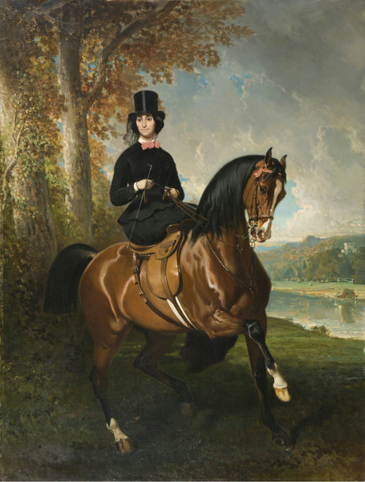 Amazone en chapeau haut-de-forme devant un etang, vintage artwork by Alfred de Dreux, A3 (16x12") Poster Print