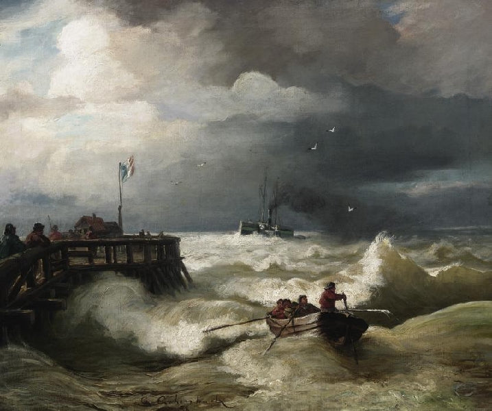 Incoming Steamer on Roaring Sea, vintage artwork by Andreas Achenbach, A3 (16x12") Poster Print